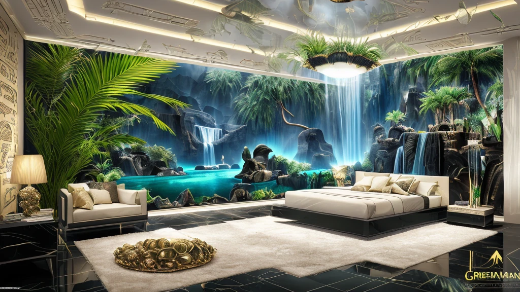 Incredible black luxury futuristic bedroom interior in egyptian style ((green々plant)) (Lotus flower), ((Palm tree)), paredes rochosas, (sand), (waterfalls) (marble), ((Valuable minerals)), ((Metal)), (gem), crystallization, clouds and (water), crocodile, ((hieroglyphics)), (((Super premium))), (black marble) - and ((beautiful light)), unreal engine, main office, 16k