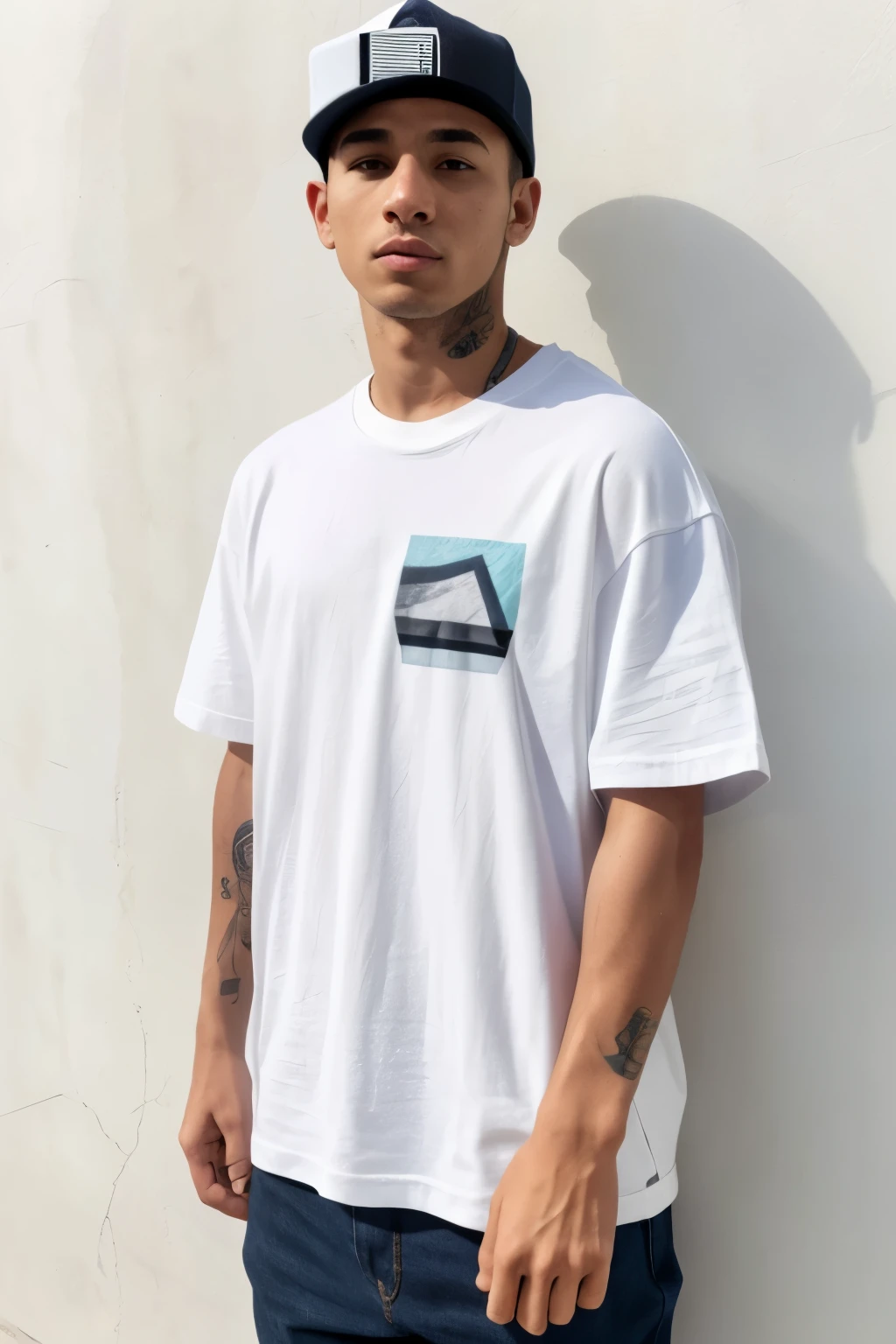 arafed man standing in front of a wall with a skateboard, mid shot portrait, trending on r/streetwear, outlive streetwear collection, mid portrait, white t - shirt, white t-shirt, white tshirt, medium portrait, detailed white, medium shot portrait, official product photo, man in white t - shirt, plain white tshirt, white outline