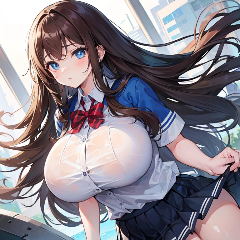 1 girl, Ginormous and Super Thick breasts, big blue eyes, brown hair, white super wet shirt, black short skirt, school uniform, , ager, very long hair, looking at viewers, park