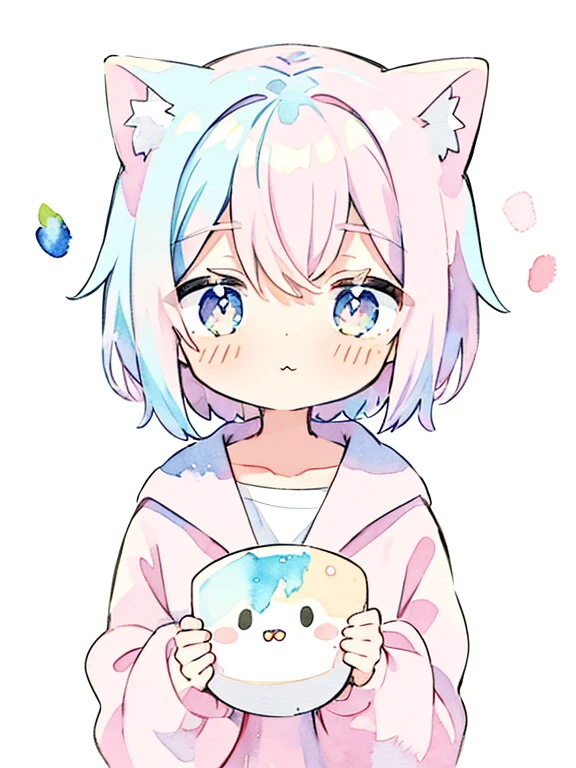 Cat, BREAK,whole body,1 girl, (pastel colour:1.5),(cute illustration:1.5),(watercolor:1.2),white background,