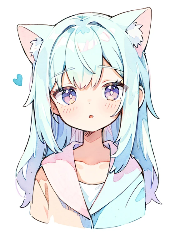 Cat, BREAK,whole body,1 girl, (pastel colour:1.5),(cute illustration:1.5),(watercolor:1.2),white background,