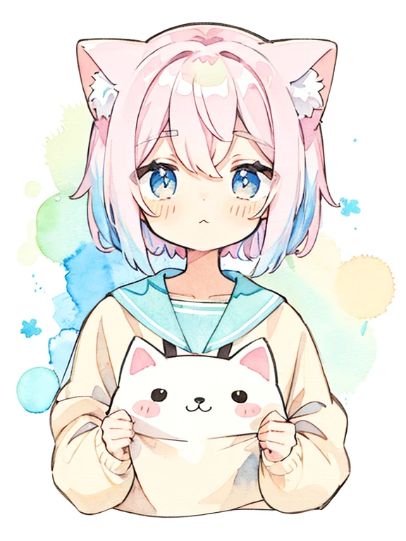 Cat, BREAK,whole body,1 girl, (pastel colour:1.5),(cute illustration:1.5),(watercolor:1.2),white background,