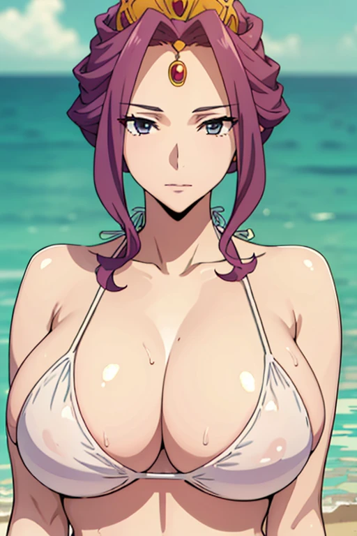 (masterpiece, best quality, high resolution, anime screencap, anime colored, 8k, photorealistic), Mirellia Q Melromarc, milf, wife, solo, sad smile, (looking at viewer), huge breasts, cleavage, (white bikini:1.5), Curvey, upper body, (lake, wet), (perfect detailed anatomy, beautiful detailed face&eyes:1.5, shiny skin, perfect sharp body)