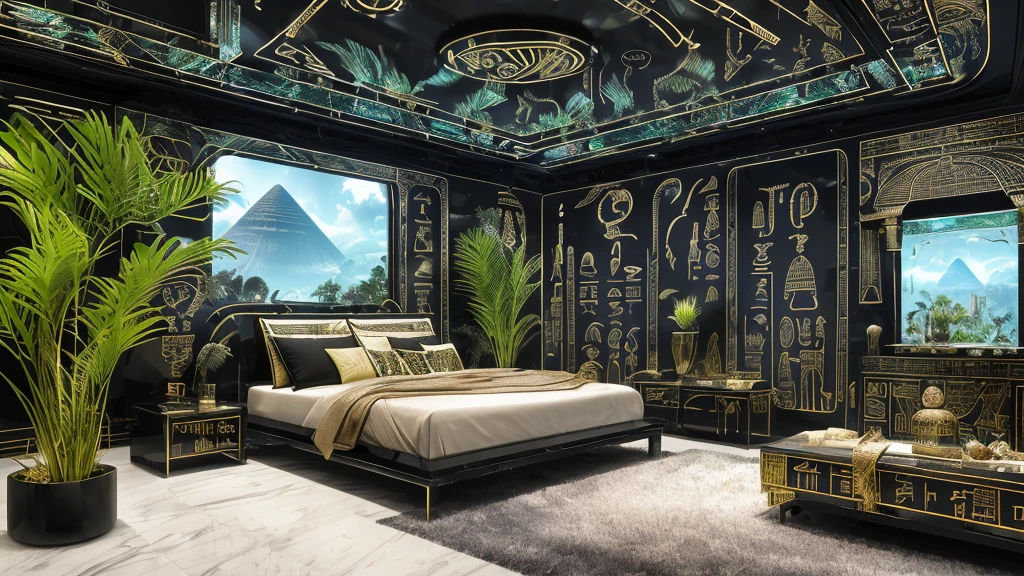 Incredible black luxury futuristic bedroom interior in egyptian style ((green々plant)) (Lotus flower), ((Palm tree)), paredes rochosas, (sand), (waterfalls) (marble), ((Valuable minerals)), ((Metal)), (gem), crystallization, clouds and (water), , ((hieroglyphics)), (((Super premium))), (black marble) - and ((beautiful light)), unreal engine, main office, 16k