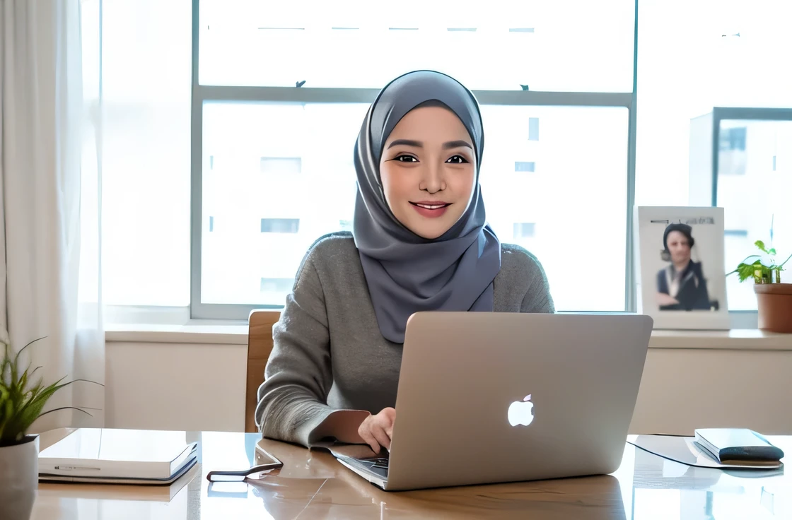 realistic photo of a beautiful Indonesian woman wearing a green batik hijab sitting on a chair facing a laptop at a table, The nameplate says “YULIANI” at the top. holding smartphone, WhatsApp conversation display appears, make sure the question says &quot;Let&#39;s have lunch at the usual place, sis&quot; and the answer says &quot;ready&quot;. very detail. realistic 16k.bold font
