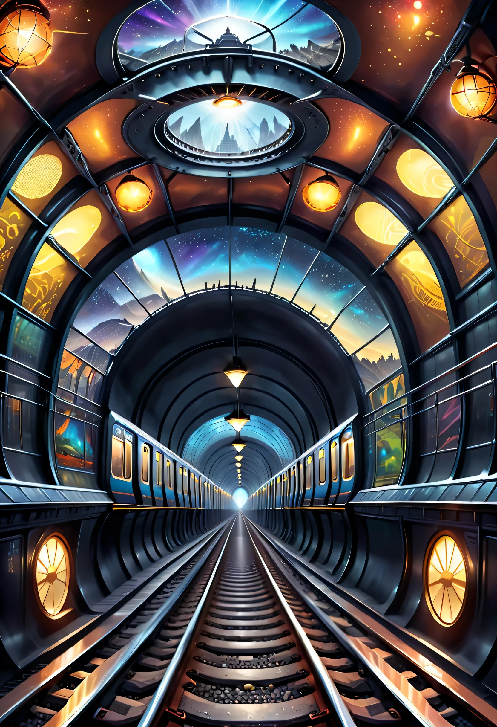 It depicts the connection of subway tracks to a different dimensional space。It is possible to draw a subway tunnel,One of the sections leads to a different dimensional world,Illustrations can show peculiar landscapes、Mysterious visions and passengers from different dimensions。The Star Dome train serves as a passage between the normal world and the other dimension,Presents a mysterious and mesmerizing atmosphere。