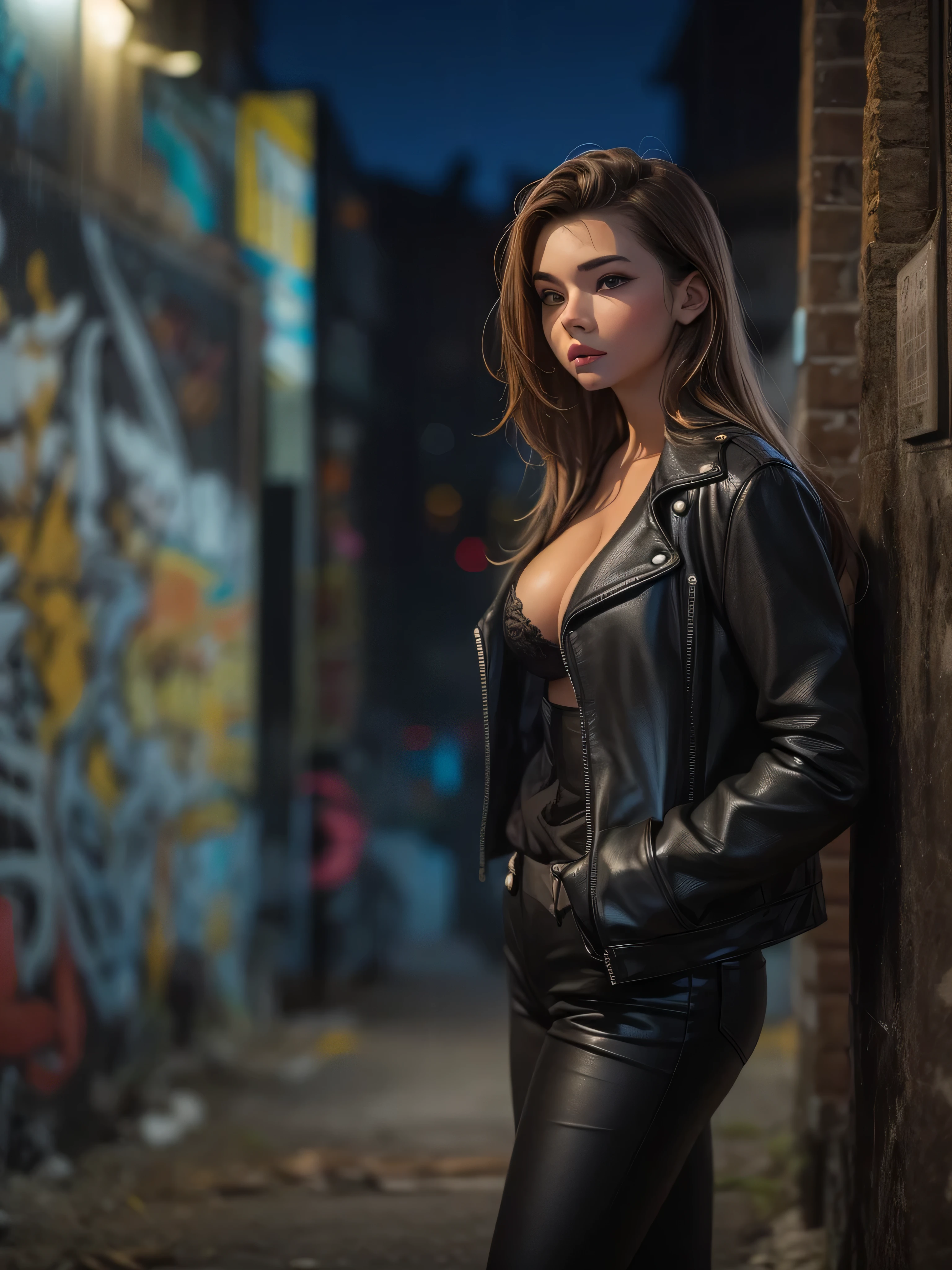 sensual sexy 15-year-old teenage girl in black leather pants, black leather bra, dark brown hair, brown eyes, big breast, leaning against a wall in a graffiti-filled city alley at night on a light rainy night fog smoke