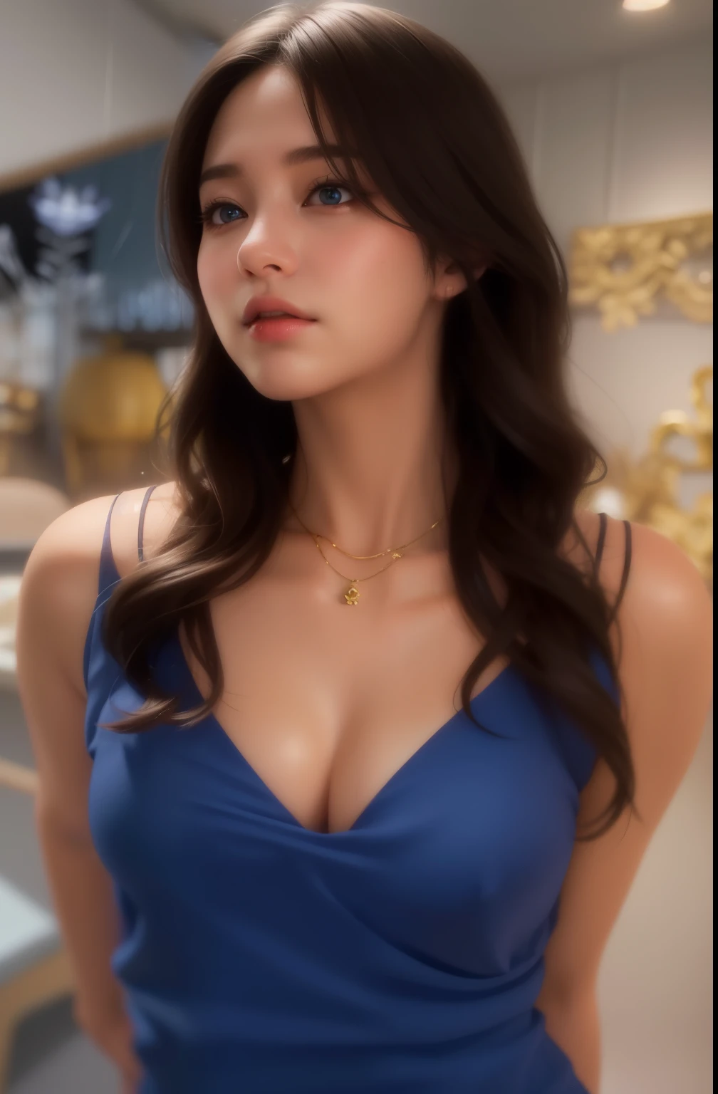 Beautiful big breastokeh), indoors, detailed luxury living room, gentle and charming beautiful goddess, Korean(kpop-idol), solo, necklace, oval face, double eyelids, smart, good hands, good feet, Natural, (from below angle), (glossy skin:1.05), ((low angle)), Perfect figure, (64k, UHD, RAW photo, best quality, masterpiece:1.4), (realistic, photo-realistic:1.37), ultra high res, photon mapping, radiosity, physically-based rendering, professional soft lighting, blue eyes