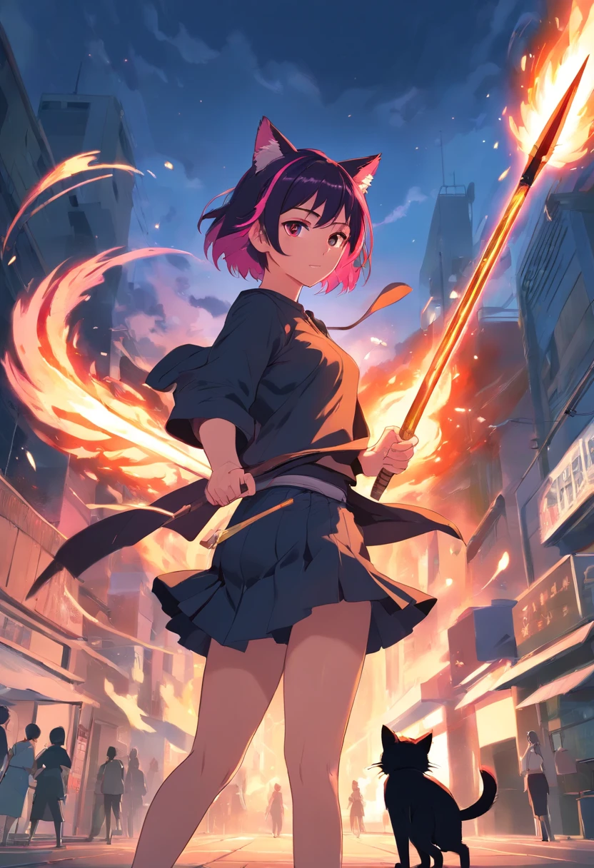 A woman, not very tall, with black and pink hair, uses a spear, has the power of the fire element, has cat ears, a fluffy tail, a black shirt, a short skirt, fights with a wolf.