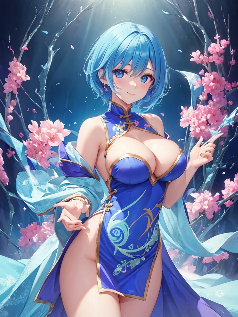 (masterpiece), ((Highly detailed 8k illustration)), High resolution, (Highly detailed and beautiful background), Ultra-precision coating, professional illustration, Super precise depiction, Hyper-detailed depiction, (beautiful and aesthetic:1.2), HDR, (written boundary depth:1.4), colorful, wonderful, Beautiful detailed glow light particles, Complex:1.4, zentangle, Cat ear,
(girl), ((Againm,Again:zero,blue hair,short hair)),(Highly detailed beautiful face and eyes), white skin, perfect body, thighs, big breasts, big areola, cleavage,blue eyes, pink hair, oily skin, cute, bare shoulders, China dress, China dress服, short dress, cleavageカットアウト, side boob, thighs, smile, character focus, cowboy shot,