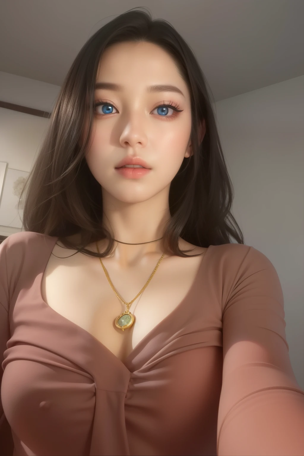 Beautiful big breastokeh), indoors, detailed luxury living room, gentle and charming beautiful goddess, Korean(kpop-idol), solo, necklace, oval face, double eyelids, smart, good hands, good feet, Natural, (from below angle), (glossy skin:1.05), ((low angle)), Perfect figure, (64k, UHD, RAW photo, best quality, masterpiece:1.4), (realistic, photo-realistic:1.37), ultra high res, photon mapping, radiosity, physically-based rendering, professional soft lighting, blue eyes