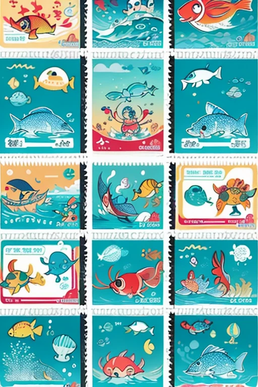"Design a cute sea life themed Line stamp。In particular, 16 stamps of fish are required.、Make sure each one has a different expression or pose。Expressing adventures in the sea and fun moments with friends.、Design it to give it a retro feel.。Stamp size is 300x300 pixels、Please provide in PNG format。"