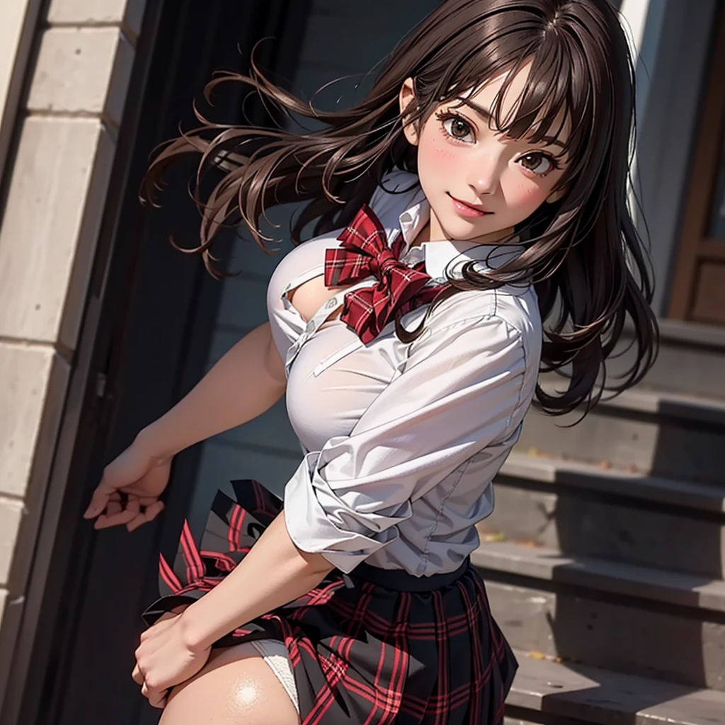 ((table top, highest quality, High resolution, nffsw, perfect pixel,  4K, nffsw, nffsw))), 1 girl, single, alone, beautiful woman、I could see the whole body、 ((middle wavy hair, bangs, brown hair)), ((brown eyes, beautiful eyelashes, realistic eyes)), ((detailed face, blush:1.2)), ((smooth texture:0.75, realistic texture:0.65, realistic:1.1, Anime CG style)), medium breasts, dynamic angle, perfect body,  ((red bow tie, school uniform, , white shirt, black skirt, plaid skirt)), City staircase、Angle looking up from the bottom of the stairs、Very embarrassing panic smile, looked back、leaning forward、(The wind flipped my skirt and exposed my butt....................、Touching the buttocks with both hands、light blue lace panties)、