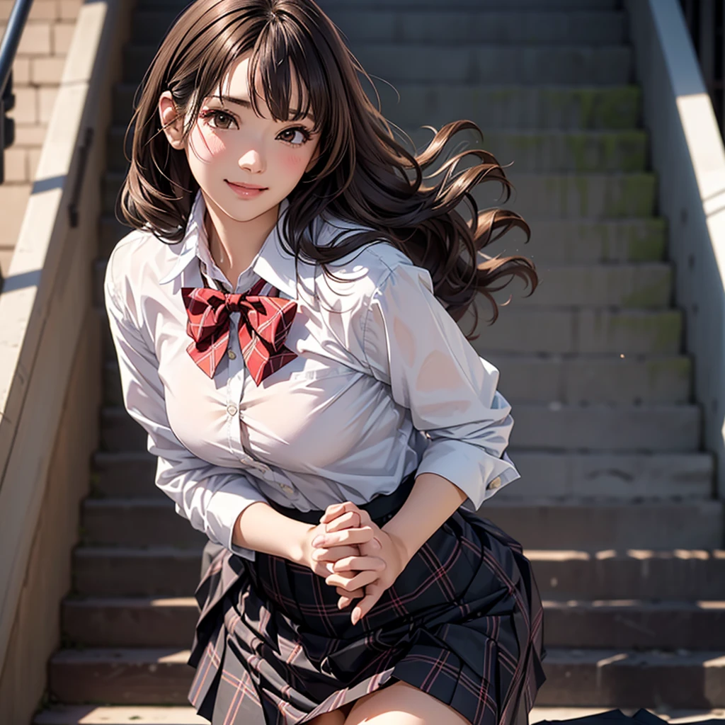 ((masutepiece, Best Quality, hight resolution, nffsw, Perfect Pixel, 4K, nffsw, nffsw))), 1girl in, Single, Solo, Beautie、full body seen、 ((Middle Wave Hair, Bangs, Brown hair)), ((Brown-eyed, Beautiful eyelashes, Realistic eyes)), ((Detailed face, Blushing:1.2)), ((Smooth texture:0.75, Realistic texture:0.65, Photorealistic:1.1, Anime CG style)), medium breasts, Dynamic Angle, Perfect body, ((red bowtie, School uniform, Black jacket, Open jacket, Brown cardigan, White shirt, Black skirt, plaid skirts)), City staircase、Looking up from the bottom of the stairs、Very embarrassing panic smile, turned around、bending forward、(The wind flipped my skirt and exposed my butt........................、Touching the buttocks with both hands、Pink floral lace panties)、