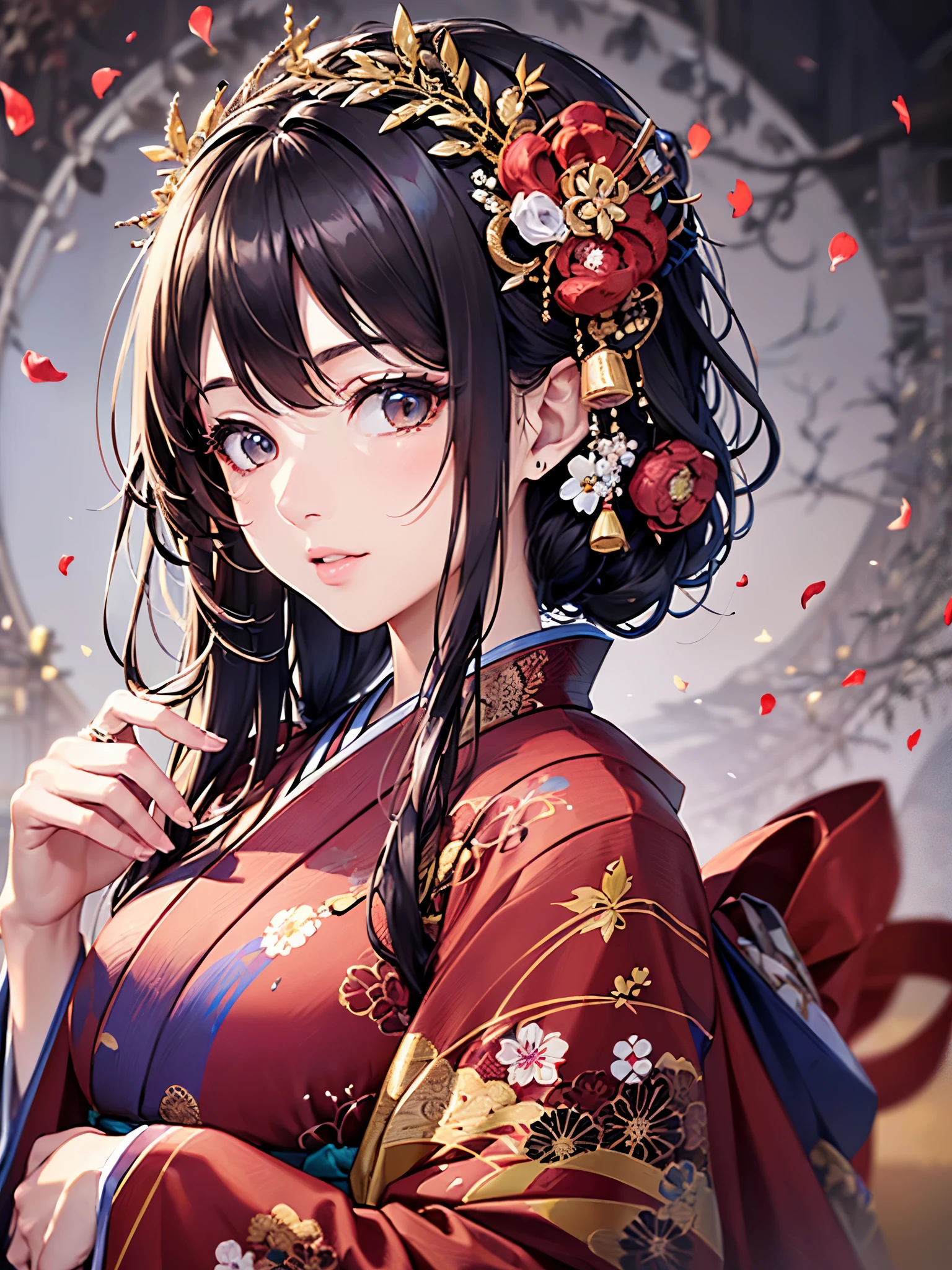 ((highest quality)),(ultra high resolution),(Super detailed),(detailed description),((best CG)),(best work of art),super precision art,great drawing art,(Art with precise details:1.5), (1 woman:1.5),beautiful and well-shaped face:1.5,(Japanese clothes dyed in intricate detail:1.6),Kimono beauty:1.3, Japanese garden sprinkled with snow:1.5