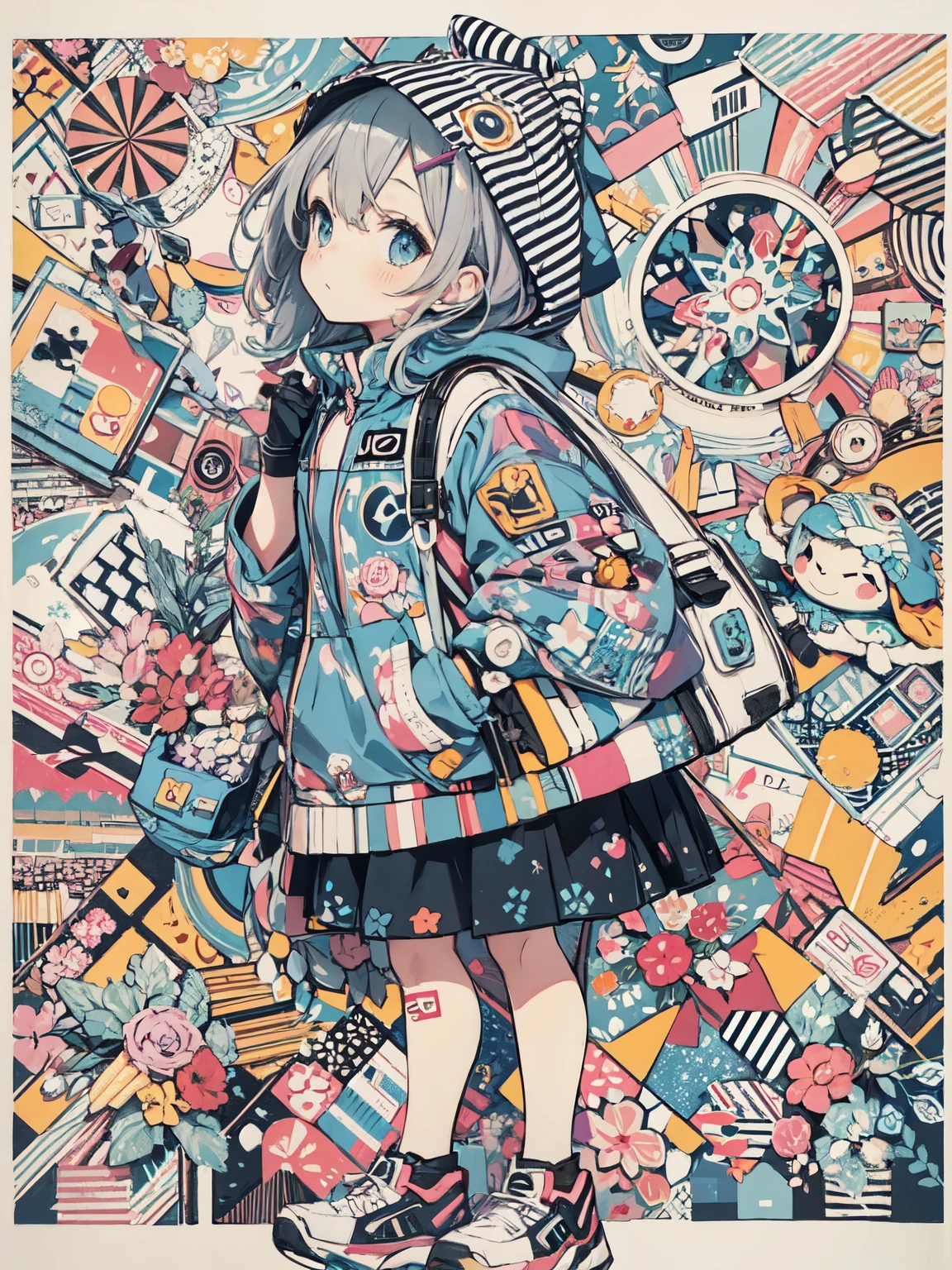 High-quality digital illustration with soft textures and a pastel color palette, featuring an assortment of abstract and representational shapes in the backdrop BREAK A three-quarter angle with a slight overhead perspective, capturing the character looking up and to the side BREAK A young character with greyish hair peeking out from under a hooded jacket adorned with a colorful geometric design, conveying curiosity and innocence BREAK A whimsical, collage-like background composed of various abstract forms and pastel hues, suggesting a playful and imaginative setting.