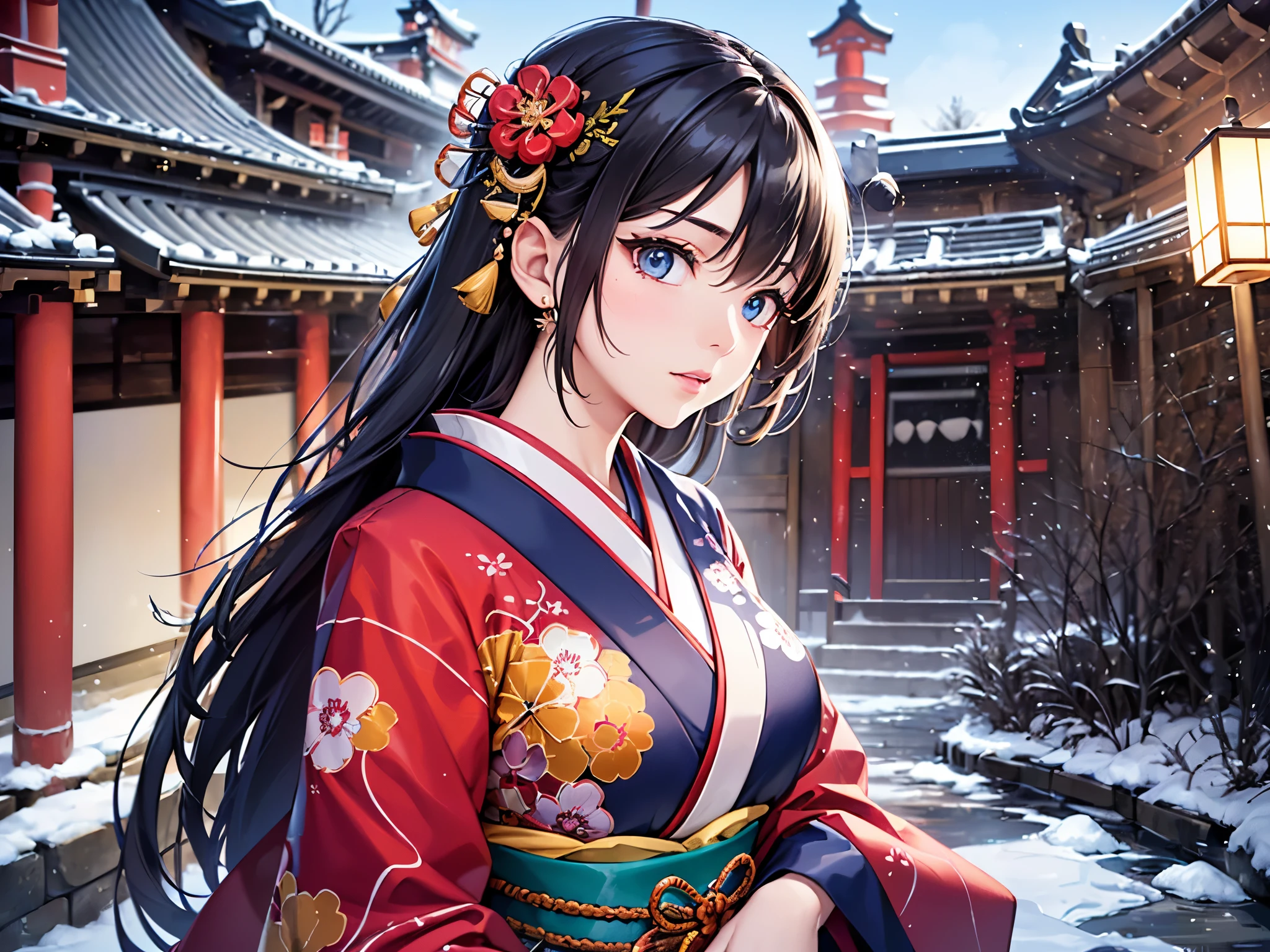 ((highest quality)),(ultra high resolution),(Super detailed),(detailed description),((best CG)),(best work of art),super precision art,great drawing art,(Art with precise details:1.5), (1 woman:1.5),beautiful and well-shaped face:1.5,(Japanese clothes dyed in intricate detail:1.6),Kimono beauty:1.3, Japanese landscape covered in snow:1.5