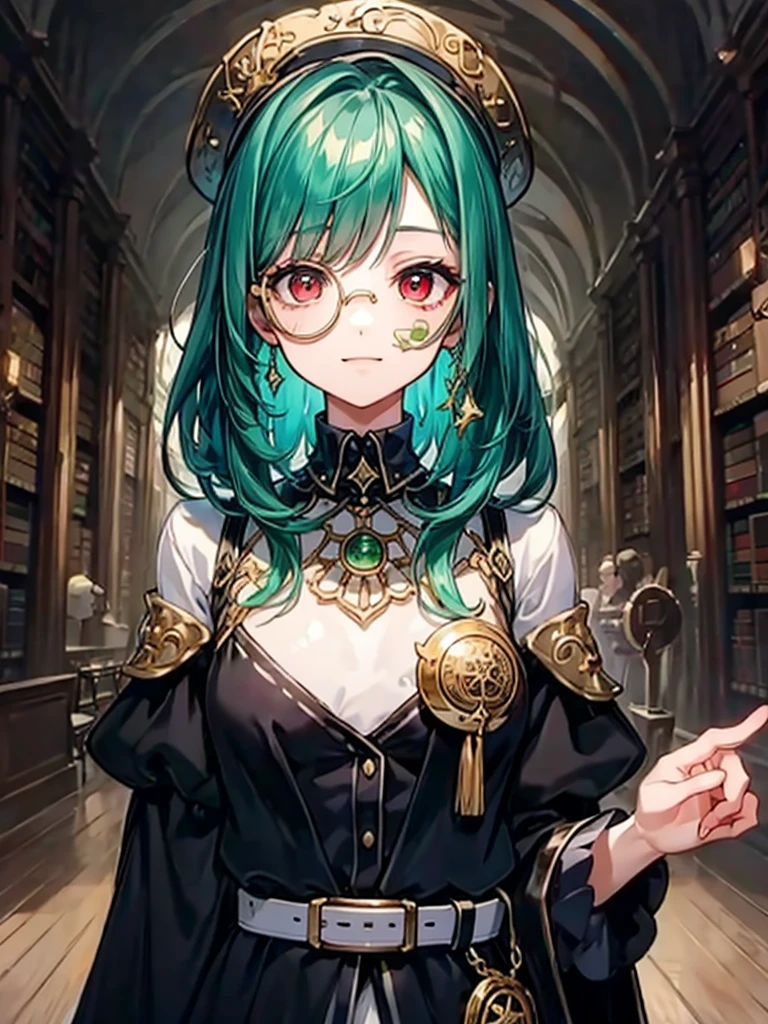 (((masterpiece、Highest image quality、highest quality、highly detailed unity 8kwallpaper)))、((Illustration of one girl、upper body))、(((beautiful girl)))、(librarian)、(Emerald green hair、messy hair、sidelocks:1.2、red eyes、crazy smile)、(((flat chest)))、(((monocle)))、pocket watch、(((Black top hat、Black tuxedo、belt)))、great medieval library、Large amount of books