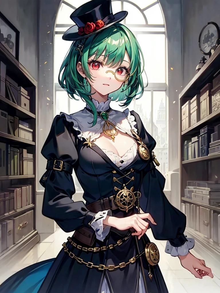 (((masterpiece、Highest image quality、highest quality、highly detailed unity 8kwallpaper)))、((Illustration of one girl、upper body))、(((beautiful girl)))、(librarian)、(Emerald green hair、messy hair、sidelocks:1.2、red eyes、crazy smile)、(((flat chest)))、(((monocle)))、pocket watch、(((Black top hat、Black tuxedo、belt)))、great medieval library、Large amount of books