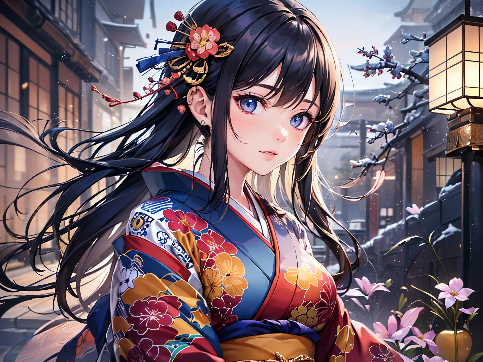 ((highest quality)),(ultra high resolution),(Super detailed),(detailed description),((best CG)),(best work of art),super precision art,great drawing art,(Art with precise details:1.5), (1 woman:1.5),beautiful and well-shaped face:1.5,(Japanese clothes dyed in intricate detail:1.6),Kimono beauty:1.3, Japanese landscape covered in snow:1.5