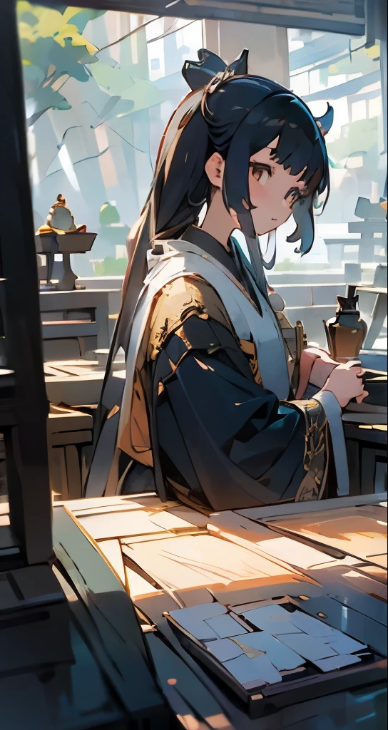 Cute female merchant selling magical items in a busy market,fantasic world,wearing robe,many goods display,masterpiece,soft line,cute face,(extremely delicate and beautiful work), ((masuter piece)), (Best Quality) 