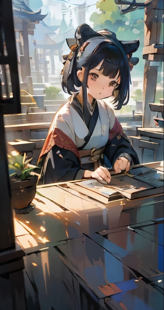 Cute female merchant selling magical items in a busy market,fantasic world,wearing robe,many goods display,masterpiece,soft line,cute face,(extremely delicate and beautiful work), ((masuter piece)), (Best Quality) 