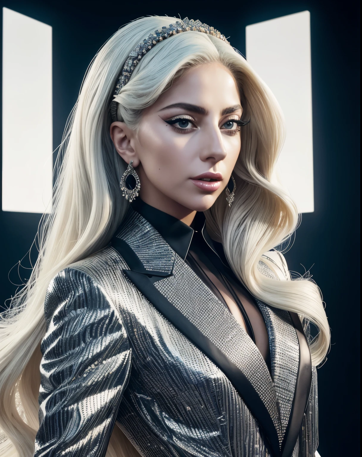Photo of Lady Gaga wearing a scale print suit,texture 4k, long hair, High quality, Extravagant Hairstyle, Original album cover, 8K image, futuristic, High quality изображения, at night, hair accessories, 8K image, realistic face in High quality, whole body, Various body poses, High quality face, certain functions,HD, jewelry with large stones, rich business woman style, studio photo