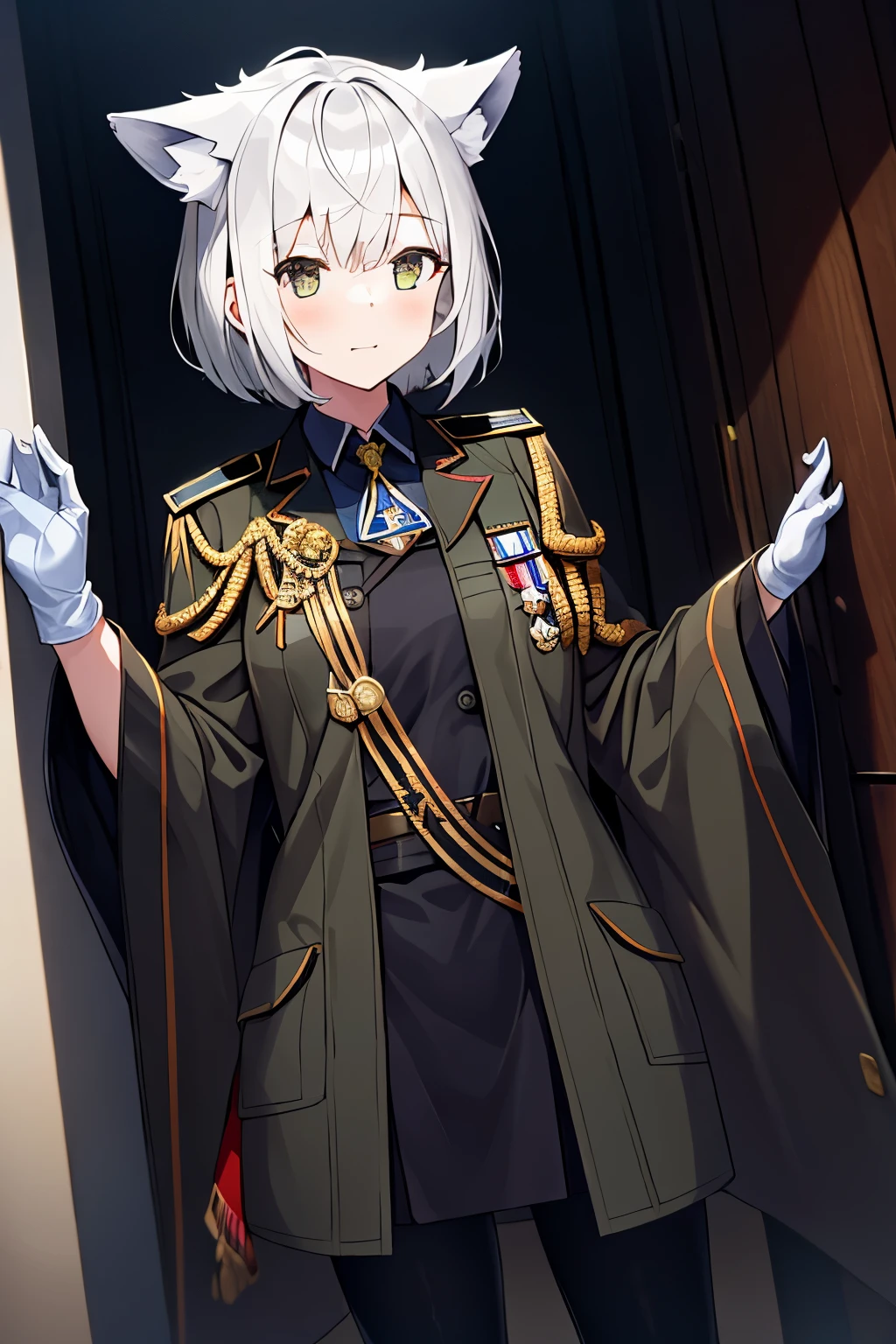 Masterpiece,1girl, Solo, standing, inside a spaceship, brown military officer clothes,white gloves, best quality, commander, brown coat, black boots, hands on the pocket, cowboy shots, gold badge, white hair, wolf ears,brown ears, short hair, mechanical ears, gold emblem on the wall, monocle on right eyes, hat, Japanese flag