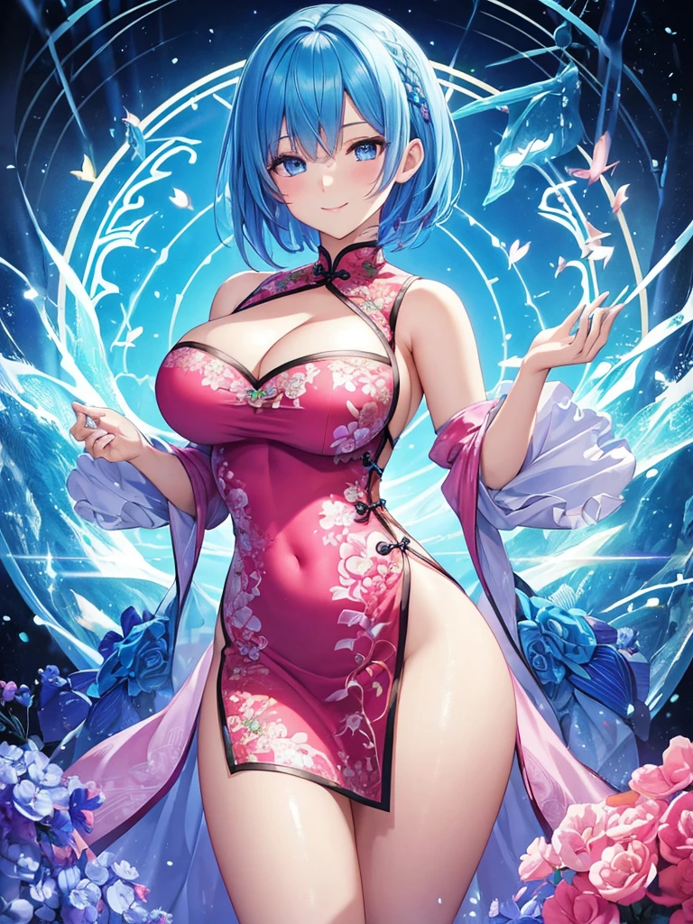 (masterpiece), ((Highly detailed 8k illustration)), High resolution, (Highly detailed and beautiful background), Ultra-precision coating, professional illustration, Super precise depiction, Hyper-detailed depiction, (beautiful and aesthetic:1.2), HDR, (written boundary depth:1.4), colorful, wonderful, Beautiful detailed glow light particles, Complex:1.4, zentangle, Cat ear,
(girl), ((Againm,Again:zero,blue hair,short hair)),(Highly detailed beautiful face and eyes), white skin, perfect body, thighs, big breasts, big areola, cleavage,blue eyes, pink hair, oily skin, cute, bare shoulders, China dress, China dress服, short dress, cleavageカットアウト, side boob, thighs, smile, character focus, cowboy shot,