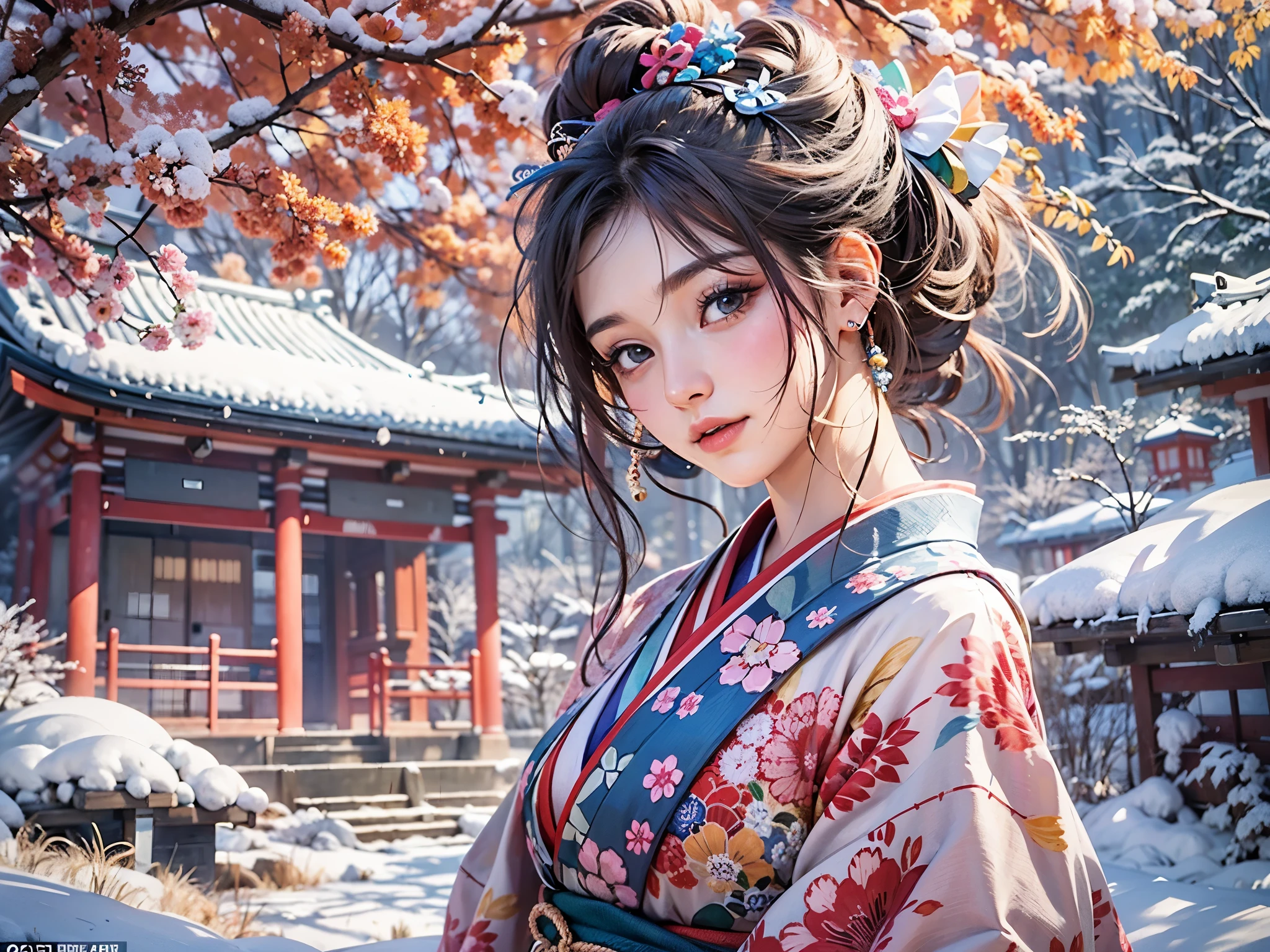 ((highest quality)),(ultra high resolution),(Super detailed),(detailed description),((best CG)),(best work of art),super precision art,great drawing art,(Art with precise details:1.5), (1 woman:1.5),beautiful and well-shaped face:1.5,(Japanese clothes dyed in intricate detail:1.6),Kimono beauty:1.3, Japanese landscape covered in snow:1.5