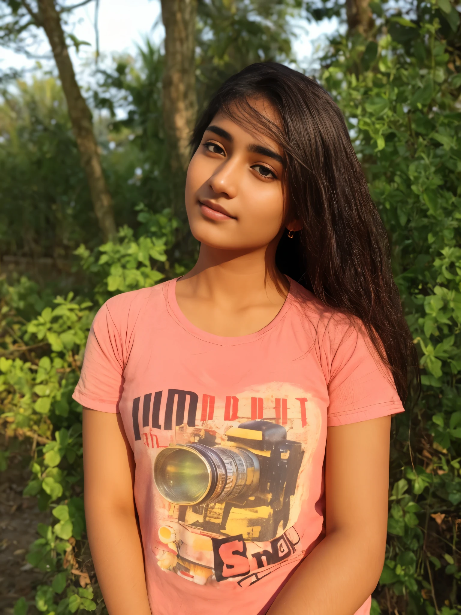 Indian college girl with round face and Indian skin tone