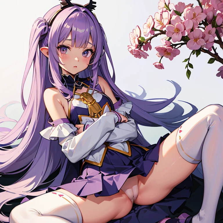 anime, masterpiece, cute girl, no panties, spread legs, lying on back, short skirt, white knee high socks, big , light purple hair, long hair, (hime cut:1.4), (embroidery breastplate, metal accent cape, thighhighs, pussy juice, detail, 4k, sexy, good pupil, 4k, detailed
