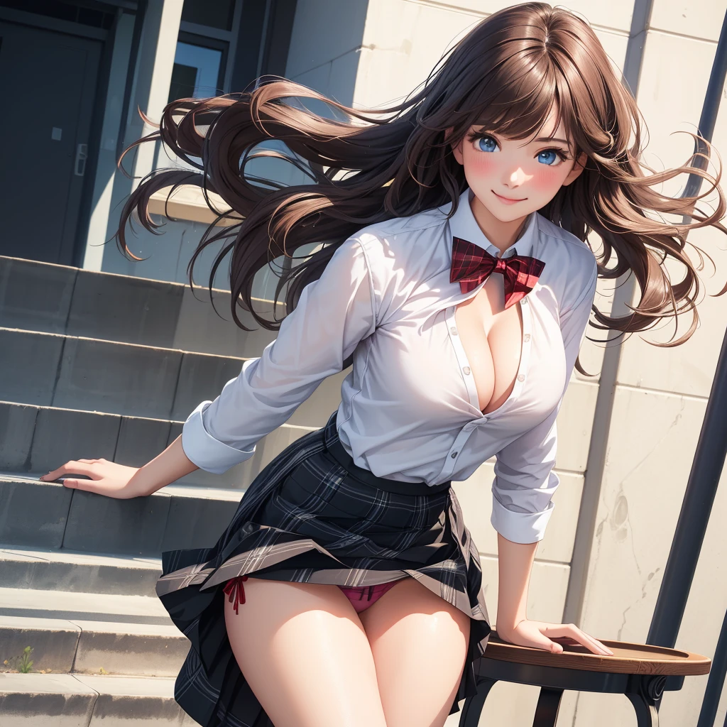 (masterpiece, highest quality), intricate details, thin, ((slim)), beautiful girl, light pink hair, white skin, blue eyes, sharp jaw line, cropped jacket, messy hair, d cup bust、cleavage,((table top, highest quality, High resolution, nffsw, perfect pixel, 4K, nffsw, nffsw))), 1 girl, single, alone, beautiful woman、I could see the whole body、 ((middle wavy hair, bangs, brown hair)), ((brown eyes, beautiful eyelashes, realistic eyes)), ((detailed face, blush:1.2)), ((smooth texture:0.75, realistic texture:0.65, realistic:1.1, Anime CG style)), ??????????????, dynamic angle, perfect body, ((red bow tie, school uniform, , white shirt, black skirt, plaid skirt)), City staircase、Angle looking up from the bottom of the stairs、Very embarrassing panic smile, looked back、leaning forward、(The wind flipped my skirt and exposed my ????....................、Touching the ???????? with both hands、light blue lace panties)、