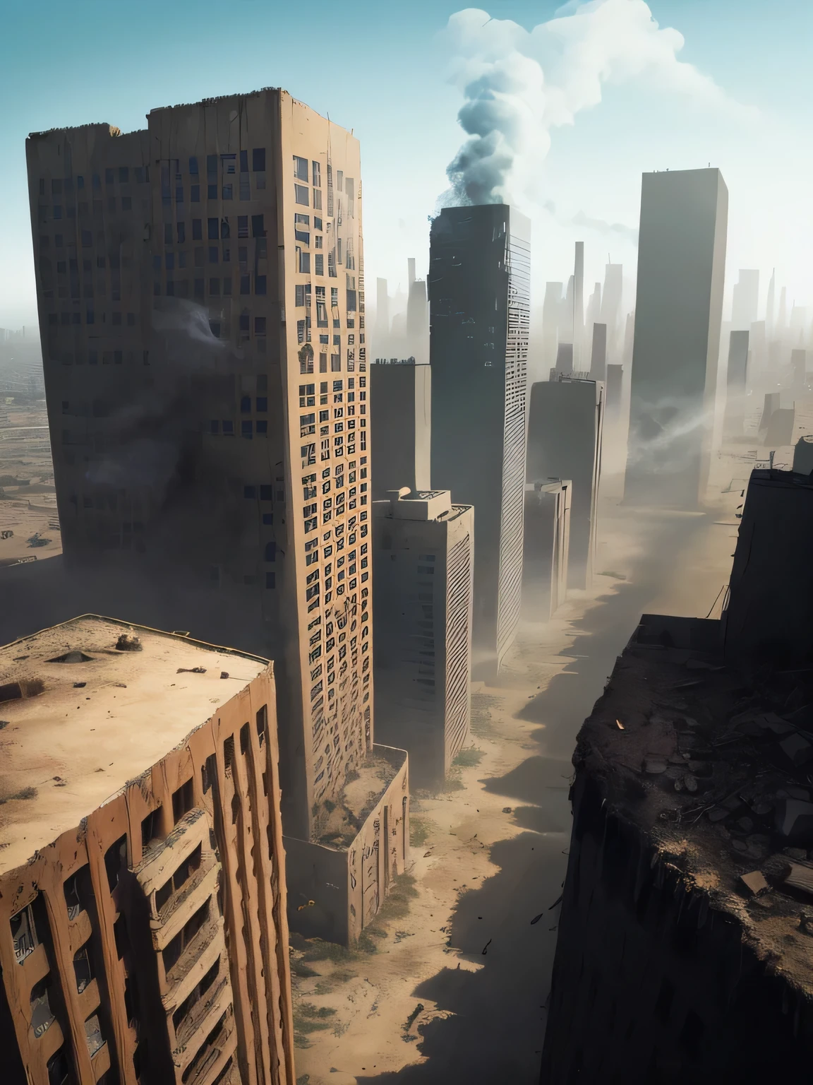 View from inside a tall tower in the center of a post-apocalyptic North American megalopolis, visao de toda cidade, a cidade tem tons de cinza, has smoky structures, carros abandonados nas ruas, desert megalopolis, as realistic as possible, as detailed as possible