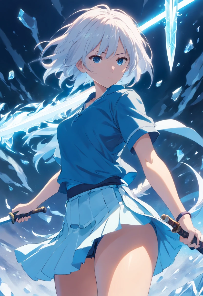 A woman with white hair uses a sword. Uses the power of the ice element. Short hair. Uses a white shirt and blue skirt. 