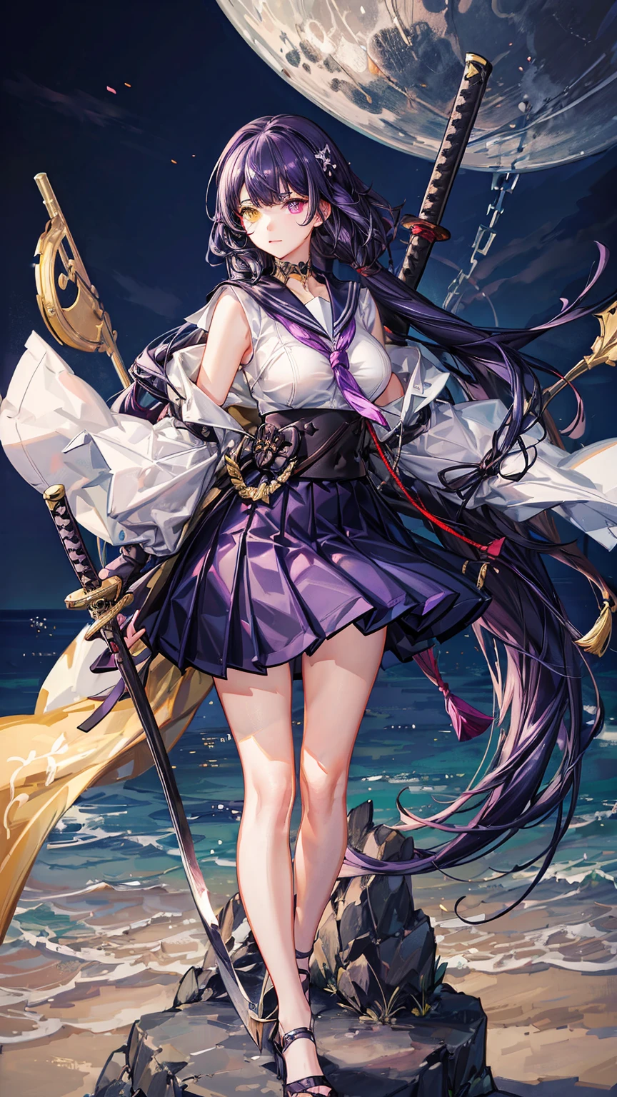 Highest quality, masterpiece,Black Hair, Purple Eyes, Purple kimono, Exposing shoulders, ,Fair skin, Long Hair, Long Bangs,  Small breasts, Confused eyes, snow, sexy, Cemetery, Cross Grave, jitome, evil grin, indian style, half closed eyes, Off Shoulder, ass pov, pale skin, flat chest, wavy hair