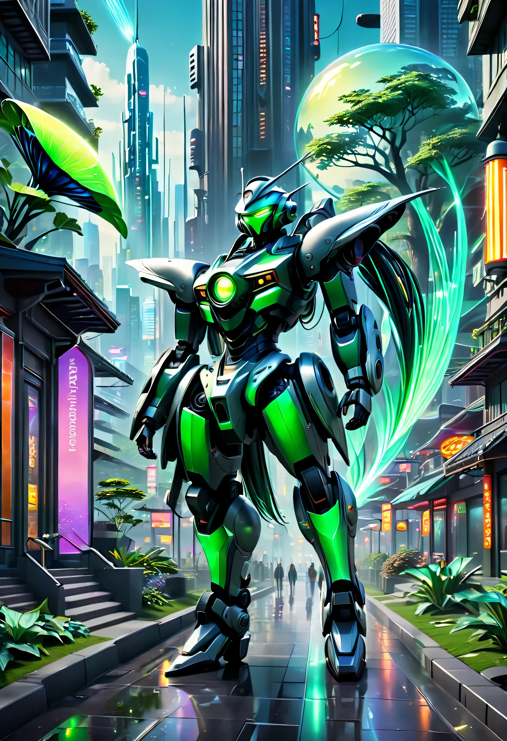 Create a captivating and relaxing futuristic scene in a 1,152 x 2,048 pixel image. In the center, a vibrant cityscape thrives with sleek skyscrapers that reach towards the sky. Neon lights illuminate the streets, casting a mesmerizing glow across the scene. Futuristic vehicles glide effortlessly through the air, adding a sense of energy and movement. Surrounding the city, a serene natural landscape unfolds. Lush green fields stretch into the distance, adorned with towering trees that emit a soft bioluminescent glow. The trees possess an otherworldly beauty, their luminescent leaves and branches pulsating with an ethereal energy. The combination of the cityscape and the tranquil natural surroundings creates a harmonious balance. Humans and machines coexist in this futuristic world, seamlessly integrating technology into their daily lives. People can be seen engaging in leisurely activities, such as taking leisurely strolls through peaceful parks or reclining in futuristic seating designed for comfort and relaxation. Their attire reflects a fusion of sleek fashion and cutting-edge technology, showcasing a harmonious blend of style and functionality. Throughout the scene, gentle orbs of light float gracefully in the air, reminiscent of fireflies. These ethereal orbs emit soft, calming hues, creating a sense of tranquility and serenity. They move in a harmonious dance, further enhancing the overall atmosphere of relaxation and wonder. The air is filled with ethereal music that seems to emanate from unseen sources. Melodic tones and soothing melodies weave through the scene, enveloping everything in a calming symphony. The music enhances the sense of tranquility, inviting viewers to immerse themselves in the moment and find inner peace.