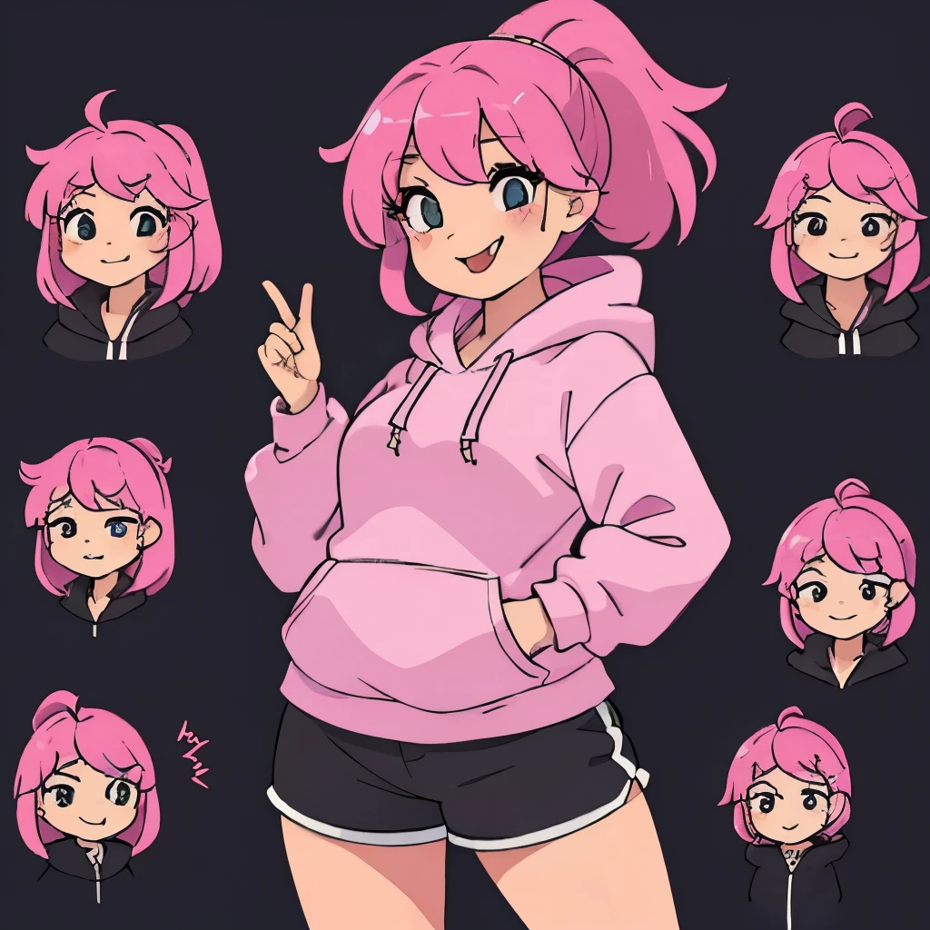 Character sheet, a pink haired korean decent girl (fat) 14 years old, colored hot pink hair in a pony tail floofy, black hoodie,shorts, smiling (tongue out)