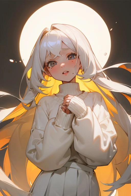 ((Best quality, masterpiece)), 
tall girl, Fragile, with thick long straight hair light slightly white blond, large expressive eyes with a cheerful look. A wide round face is decorated with a small nose, and thick lips, a mole under the right eye, white short skirt and oversized sweater 
