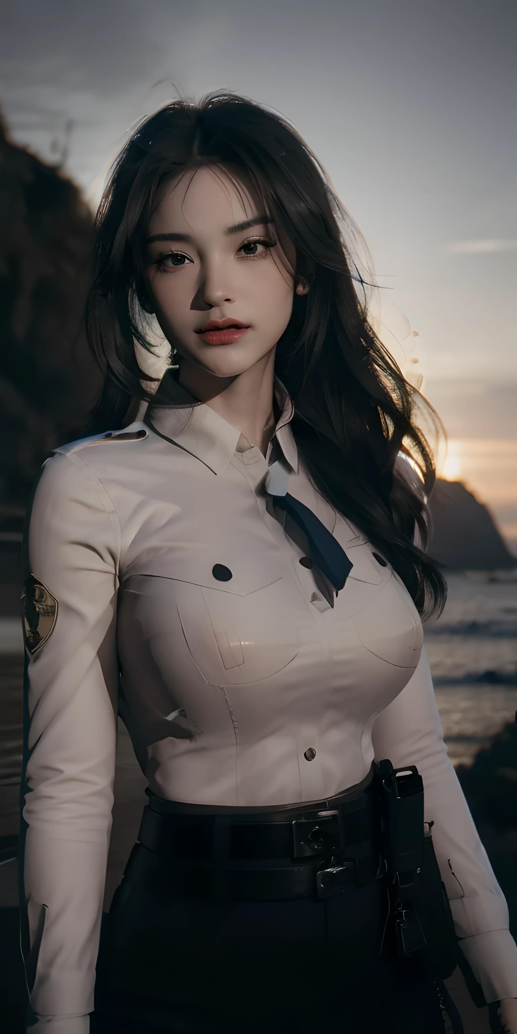 A woman in a white shirt and black pants standing on a beach - SeaArt AI