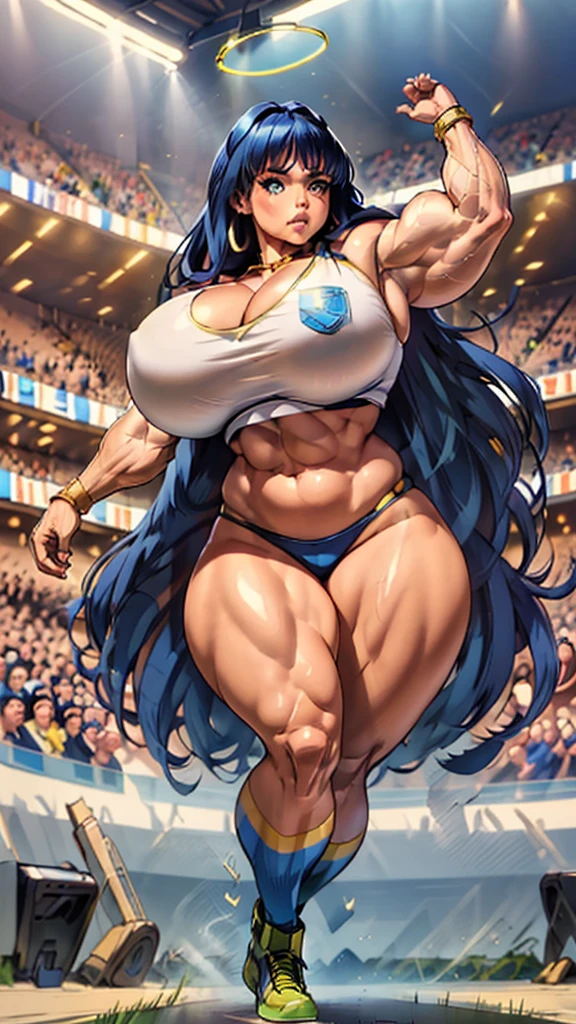 1980's, giantess, female, living inflatable, inflating 500 ft tall stocking_anarchy, makeup, extra long hair, earrings, halo, (American Football blue and gold uniform), (padded football pants with open fly), (blue and gold football cleats), (huge breast expansion), (muscle inflation:0.9), (hyper muscular legs), (hyper muscle:1.5), (blow bubble gum), pleasurable look on face while hands stroking penis, outdoor football stadium, running towards camera