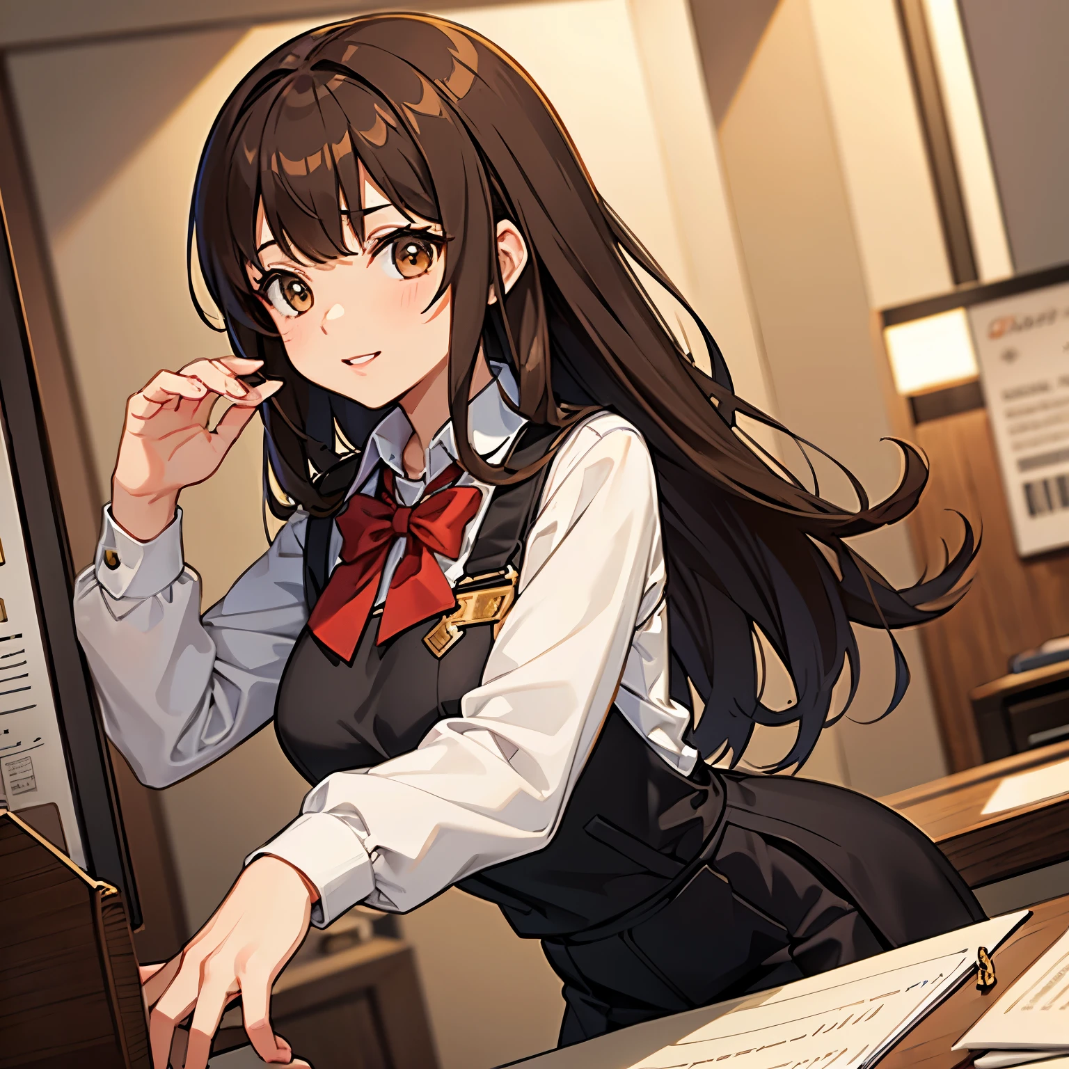 Brown hair, receptionist, beautiful girl, guild uniform, overall otherworldly style