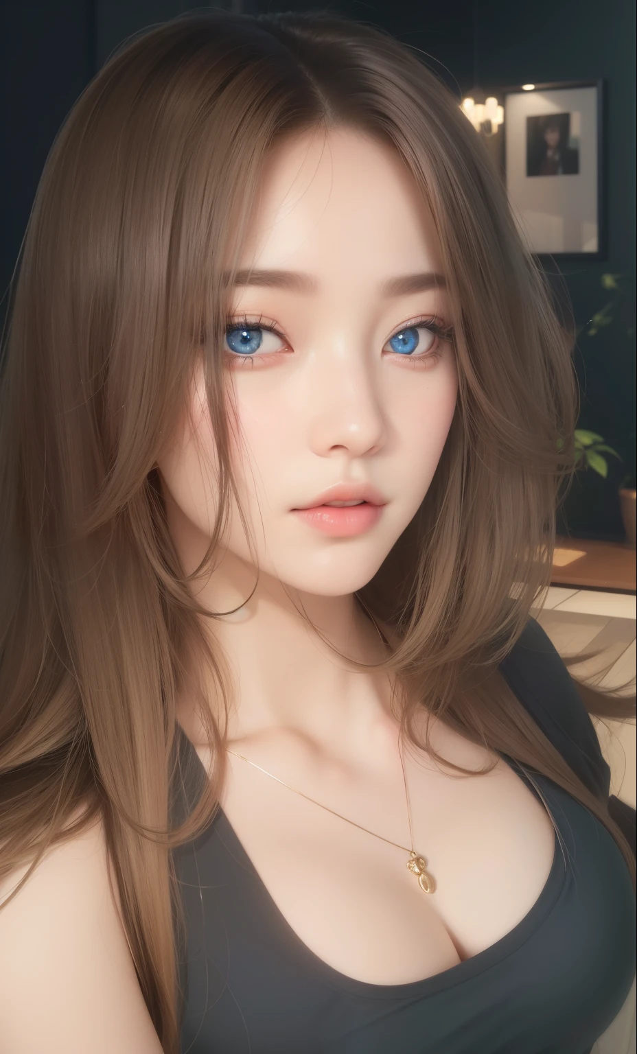 Beautiful big breastokeh), indoors, detailed luxury living room, gentle and charming beautiful goddess, Korean(kpop-idol), solo, necklace, oval face, double eyelids, smart, good hands, good feet, Natural, (from below angle), (glossy skin:1.05), ((low angle)), Perfect figure, (64k, UHD, RAW photo, best quality, masterpiece:1.4), (realistic, photo-realistic:1.37), ultra high res, photon mapping, radiosity, physically-based rendering, professional soft lighting, blue eyes