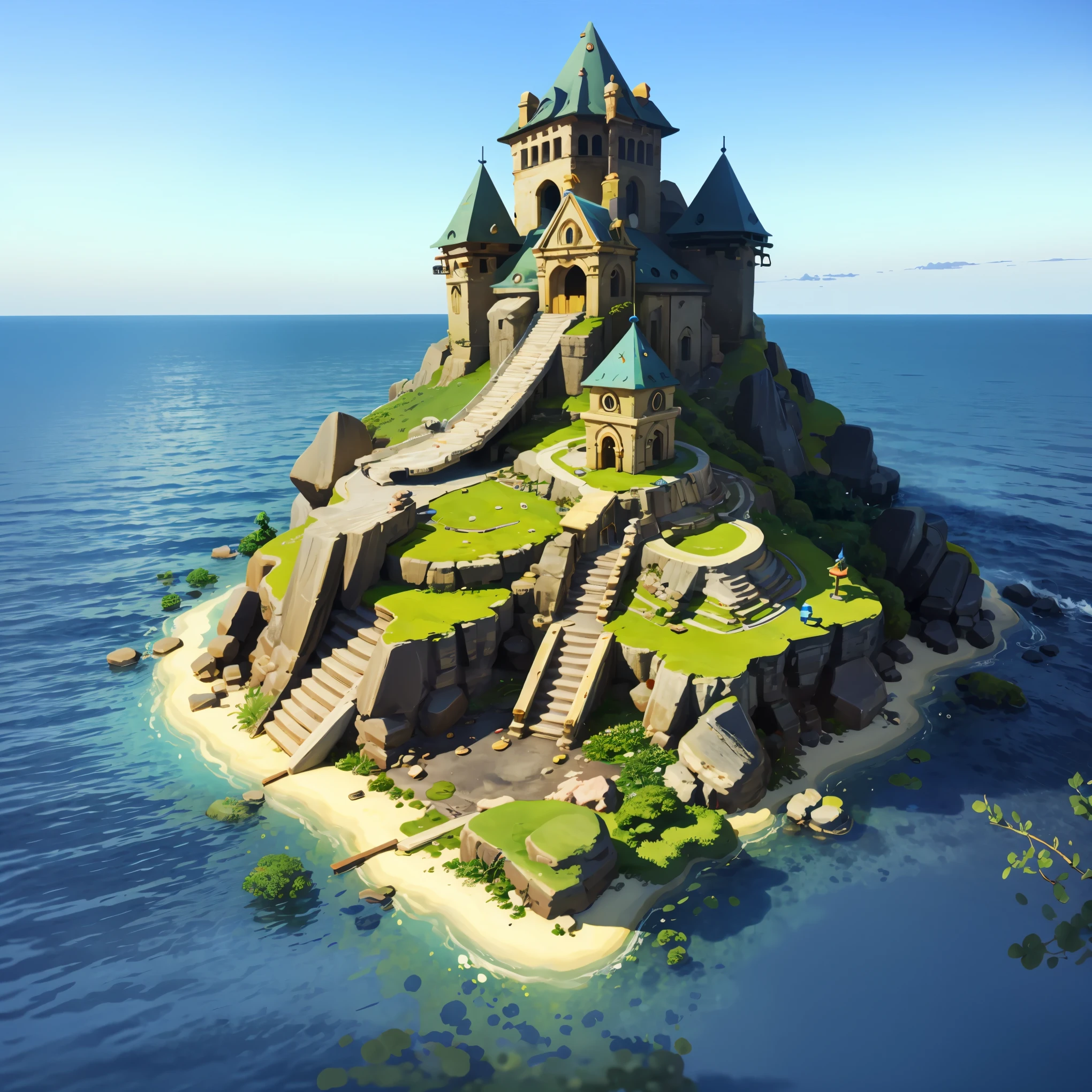 3d isometric view of dark fantasy island,