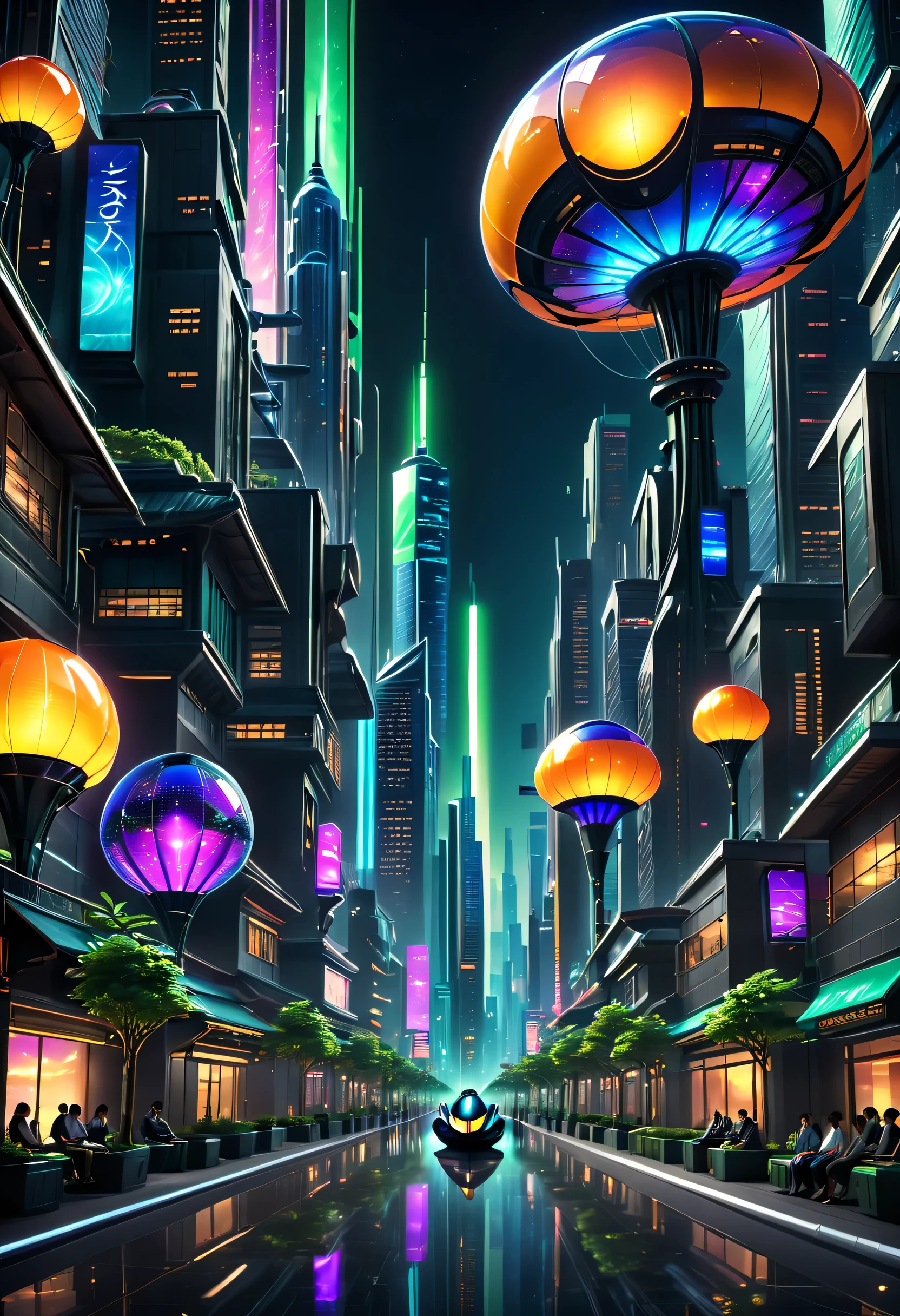 Create a captivating and relaxing futuristic scene in a 1,152 x 2,048 pixel image. In the center, a vibrant cityscape thrives with sleek skyscrapers that reach towards the sky. Neon lights illuminate the streets, casting a mesmerizing glow across the scene. Futuristic vehicles glide effortlessly through the air, adding a sense of energy and movement. Surrounding the city, a serene natural landscape unfolds. Lush green fields stretch into the distance, adorned with towering trees that emit a soft bioluminescent glow. The trees possess an otherworldly beauty, their luminescent leaves and branches pulsating with an ethereal energy. The combination of the cityscape and the tranquil natural surroundings creates a harmonious balance. Humans and machines coexist in this futuristic world, seamlessly integrating technology into their daily lives. People can be seen engaging in leisurely activities, such as taking leisurely strolls through peaceful parks or reclining in futuristic seating designed for comfort and relaxation. Their attire reflects a fusion of sleek fashion and cutting-edge technology, showcasing a harmonious blend of style and functionality. Throughout the scene, gentle orbs of light float gracefully in the air, reminiscent of fireflies. These ethereal orbs emit soft, calming hues, creating a sense of tranquility and serenity. They move in a harmonious dance, further enhancing the overall atmosphere of relaxation and wonder. The air is filled with ethereal music that seems to emanate from unseen sources. Melodic tones and soothing melodies weave through the scene, enveloping everything in a calming symphony. The music enhances the sense of tranquility, inviting viewers to immerse themselves in the moment and find inner peace.