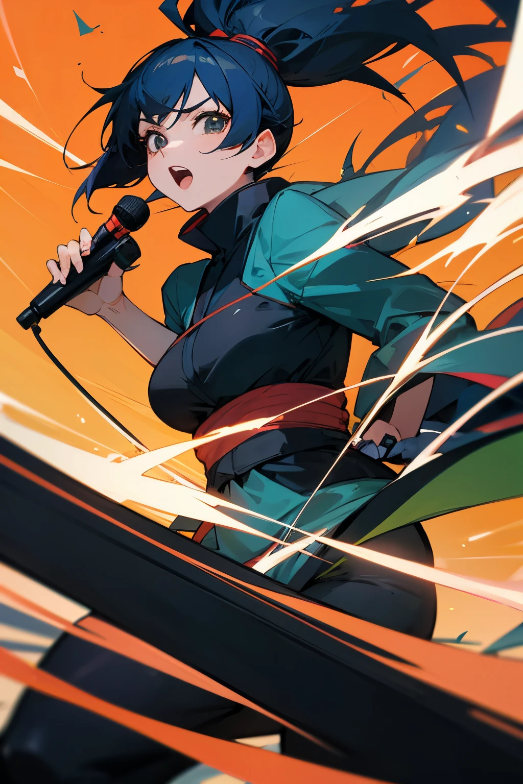 An anime-style woman in her 30s wearing a ninja outfit、Singing into the microphone while playing electric bass in the grassland、High-quality, dynamic images that show wild animals peacefully listening to each other.。