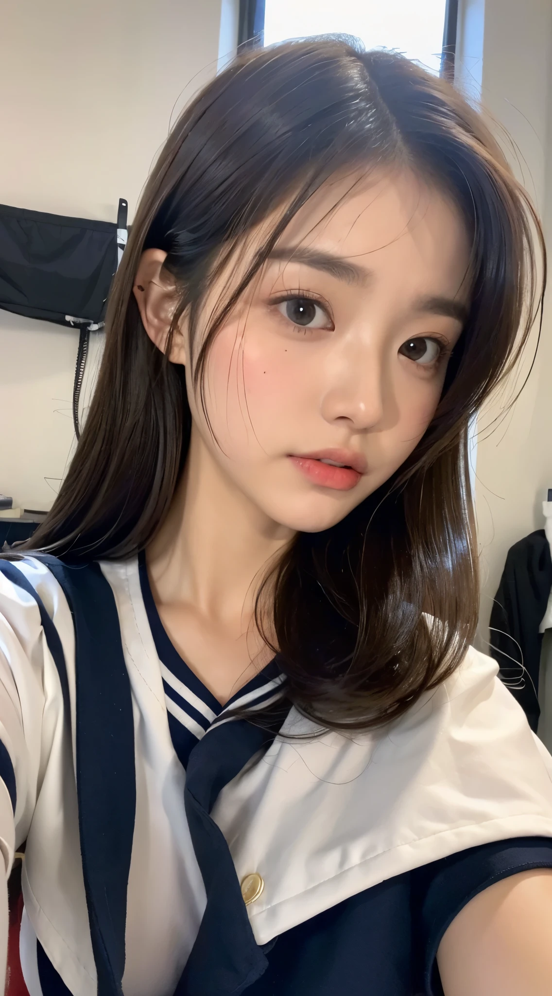 ((top quality, 8k, masterpiece: 1.3)), focus: 1.2, perfect body beautiful: 1.8, buttocks: 1.2, ((layered hairstyle, boobgasm: 1.5)), (wet clothes: 1.1), Japan High School Student, Japanese sailor suit, (School, classroom), Highly detailed facial and skin textures, big eyes, civet cat face, double eyelids, skin whitening, Shoot clips