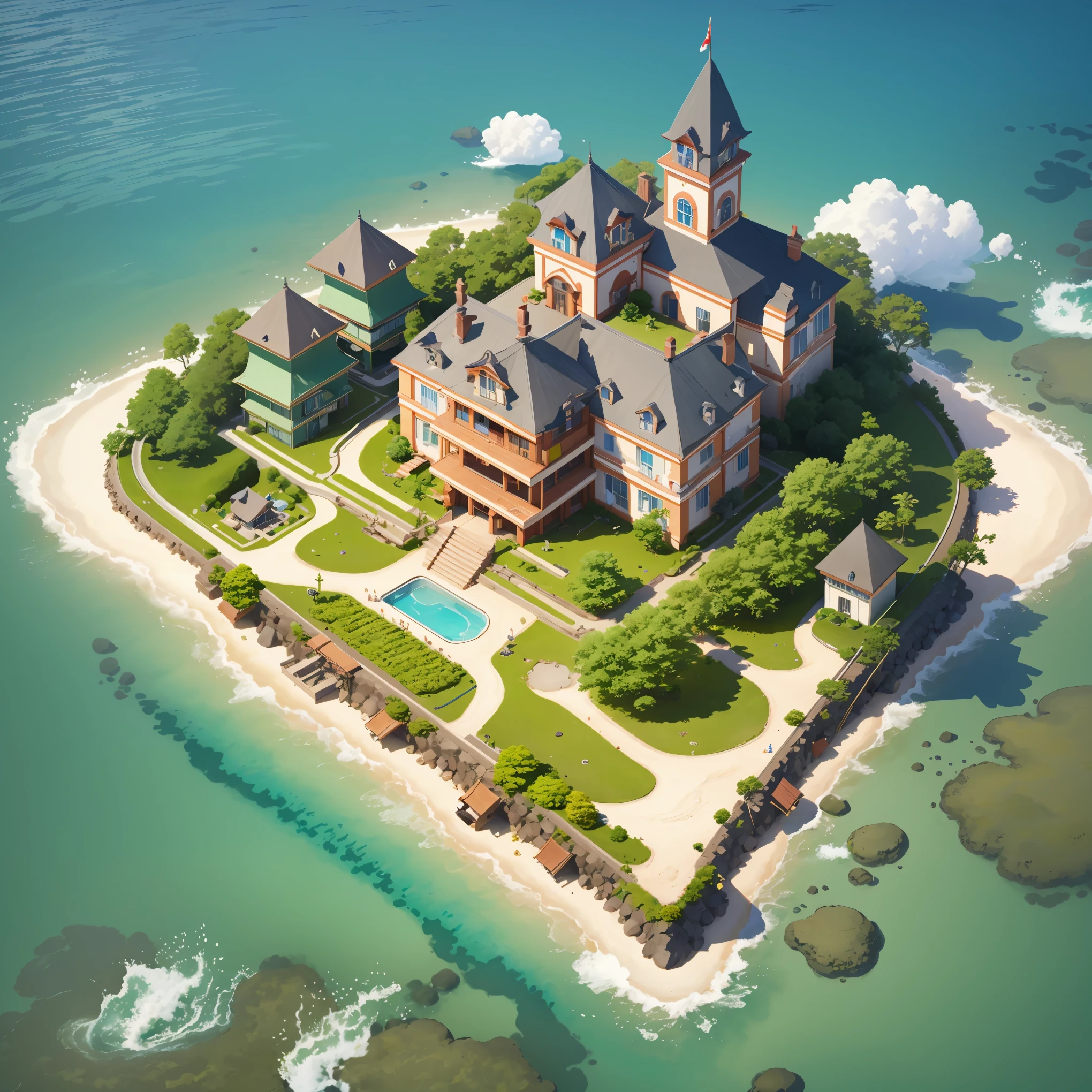 3d isometric view of resort island,