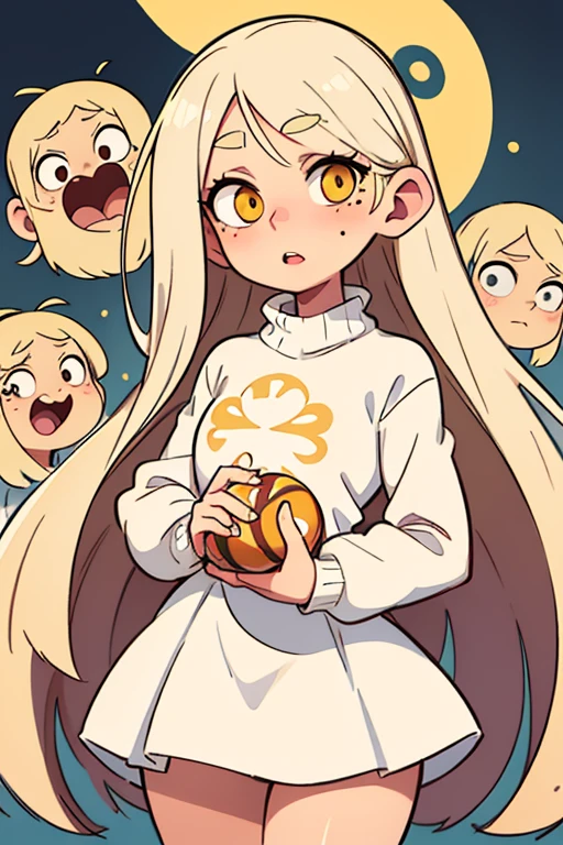 ((Best quality, masterpiece)), tall girl, Fragile, with thick long straight hair, light white blonde, large expressive eyes with a cheerful look. A wide round face is decorated with a small nose, and thick lips, a mole under the right eye, white skirt yellow oversized sweater