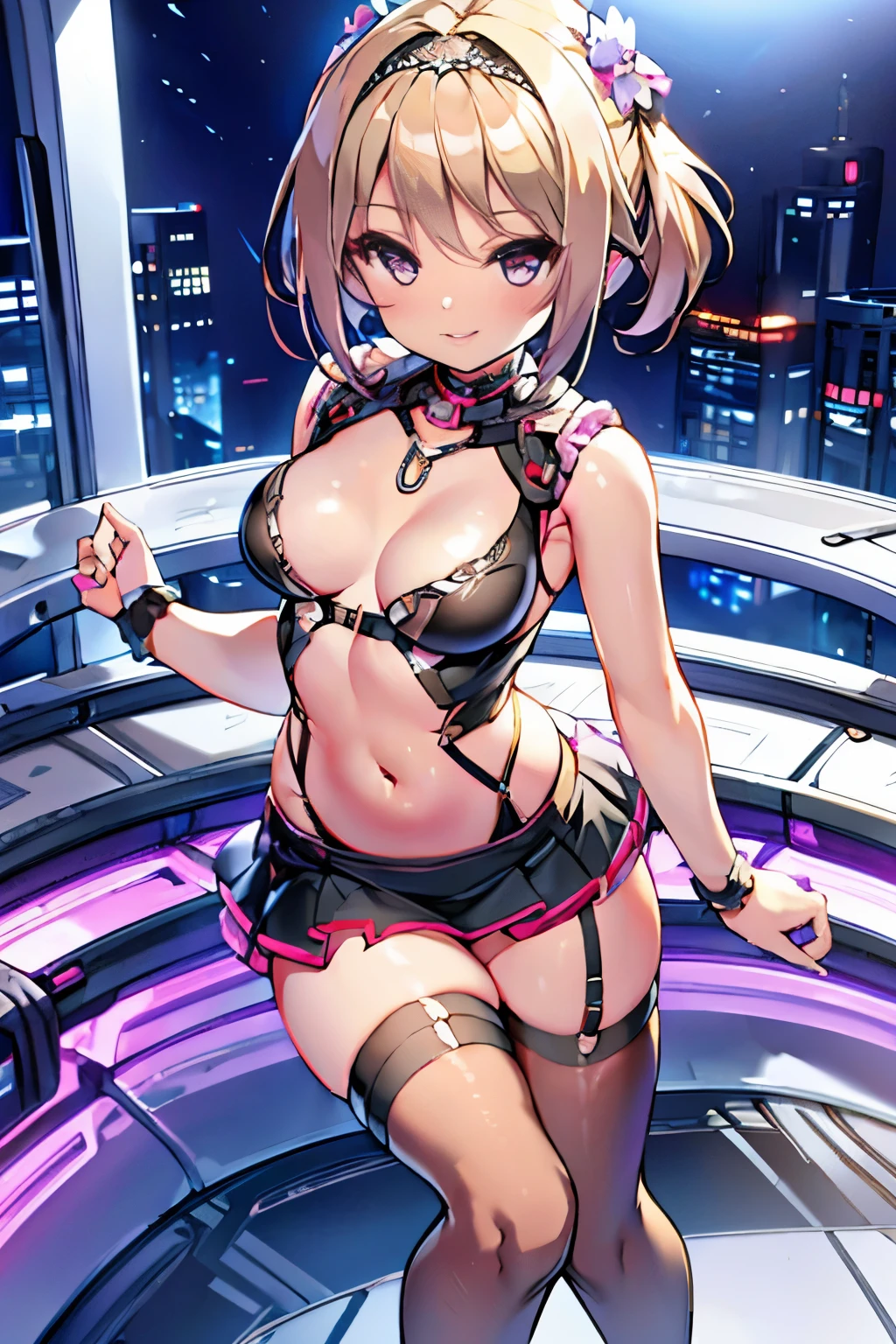 8K, RAW photo, night light, Beautiful cyberpunk style young girl, Blonde shorthair,BREAK pink eyes, high resolution skins,BREAK Beautiful woman in black top and short skirt, pose for a photo, Multi-point, 19 years old, reveal her sexy body, hourglass illustration, because I'thin, small breasts, sample belly, Looking at the camera and smiling, An everlasting summer resort, tropical country